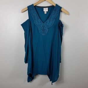 Knox Rose Womens Teal V-Neck Cold Shoulder Top Size Small NWT